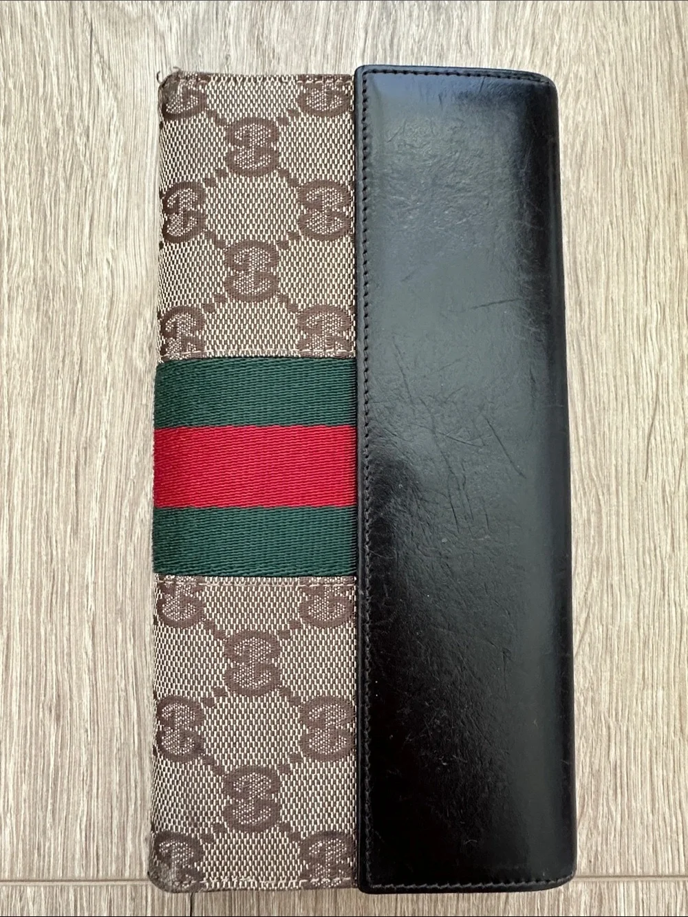 Gucci Brown Monogram Continental Wallet with Green and Red Web Stripe